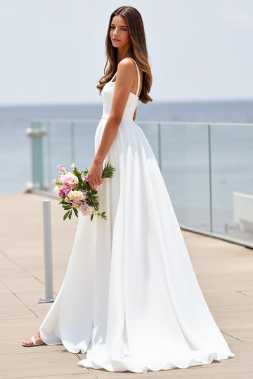 A Line Spaghetti Straps White Wedding Dress